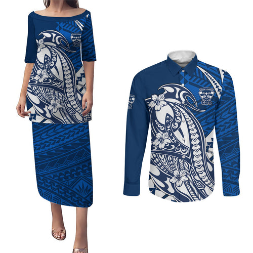 Personalized Geelong Cats Couples Matching Puletasi and Long Sleeve Button Shirt Polynesian Tribal Cat Mascot With Hibiscus Floral Art
