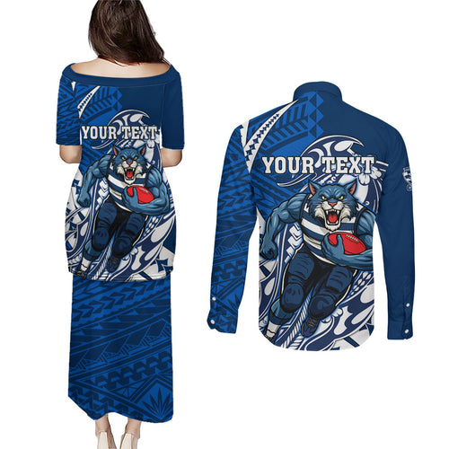 Personalized Geelong Cats Couples Matching Puletasi and Long Sleeve Button Shirt Polynesian Tribal Cat Mascot With Hibiscus Floral Art