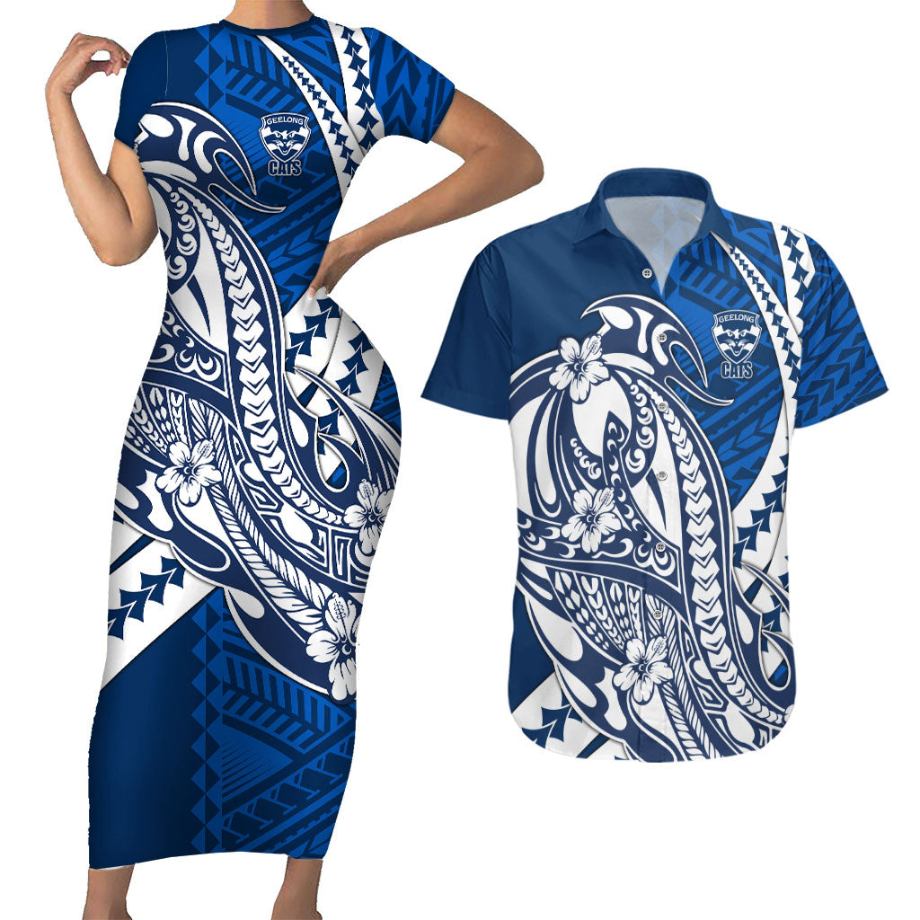 Personalized Geelong Cats Couples Matching Short Sleeve Bodycon Dress and Hawaiian Shirt Polynesian Tribal Cat Mascot With Hibiscus Floral Art