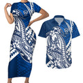 Personalized Geelong Cats Couples Matching Short Sleeve Bodycon Dress and Hawaiian Shirt Polynesian Tribal Cat Mascot With Hibiscus Floral Art