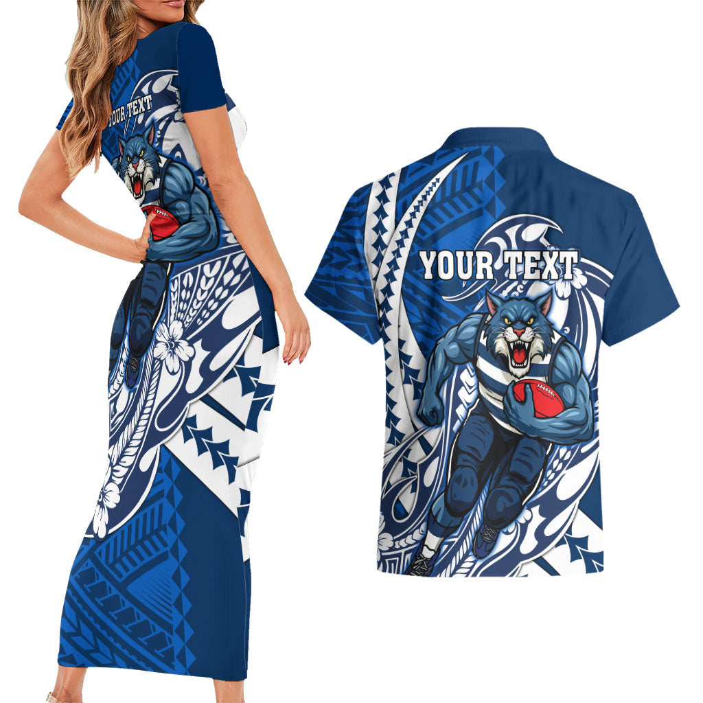 Personalized Geelong Cats Couples Matching Short Sleeve Bodycon Dress and Hawaiian Shirt Polynesian Tribal Cat Mascot With Hibiscus Floral Art