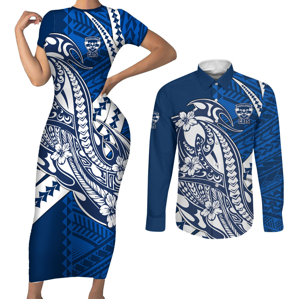 Personalized Geelong Cats Couples Matching Short Sleeve Bodycon Dress and Long Sleeve Button Shirt Polynesian Tribal Cat Mascot With Hibiscus Floral Art