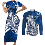 Personalized Geelong Cats Couples Matching Short Sleeve Bodycon Dress and Long Sleeve Button Shirt Polynesian Tribal Cat Mascot With Hibiscus Floral Art