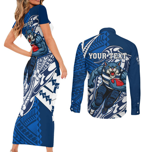 Personalized Geelong Cats Couples Matching Short Sleeve Bodycon Dress and Long Sleeve Button Shirt Polynesian Tribal Cat Mascot With Hibiscus Floral Art