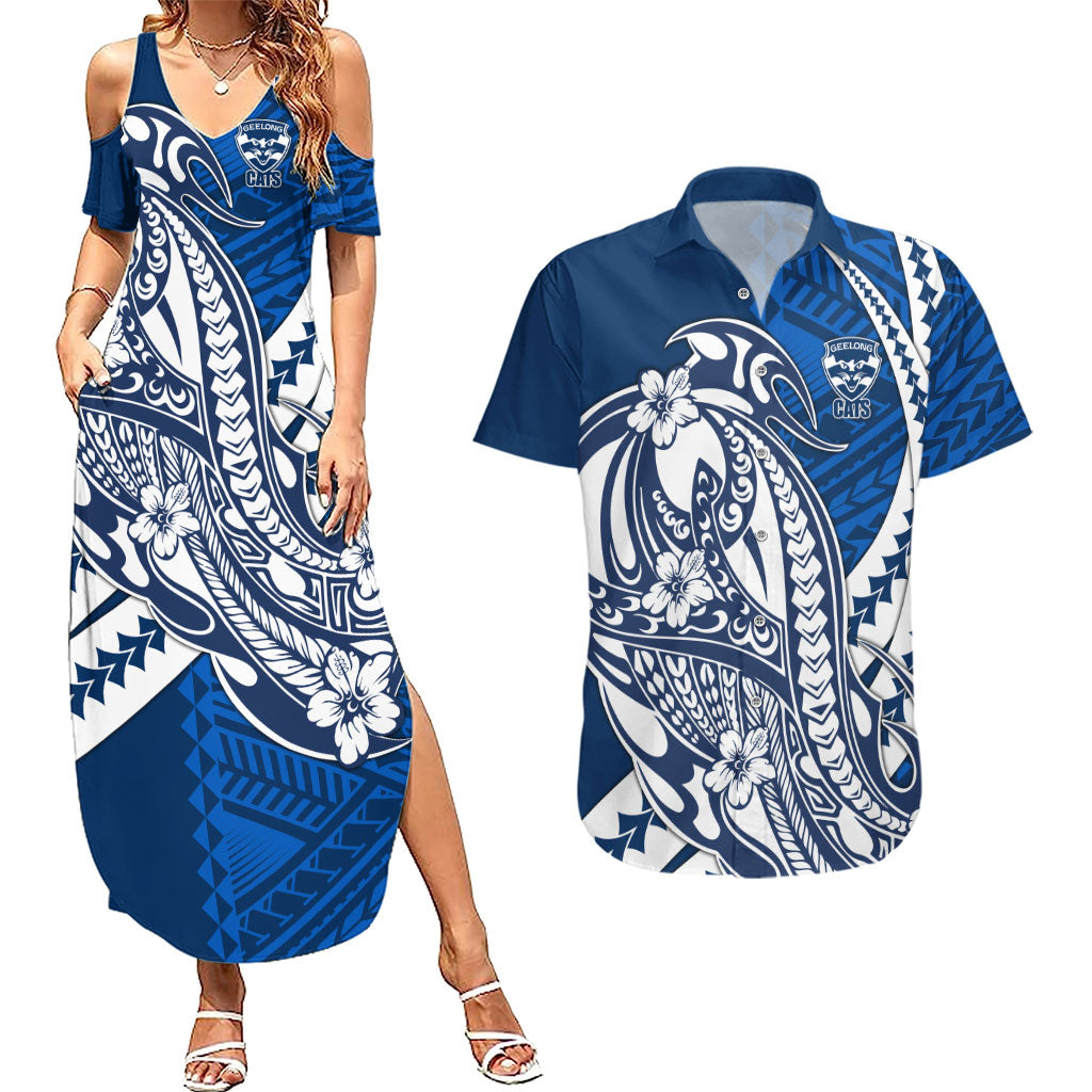 Personalized Geelong Cats Couples Matching Summer Maxi Dress and Hawaiian Shirt Polynesian Tribal Cat Mascot With Hibiscus Floral Art