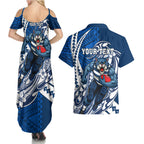 Personalized Geelong Cats Couples Matching Summer Maxi Dress and Hawaiian Shirt Polynesian Tribal Cat Mascot With Hibiscus Floral Art