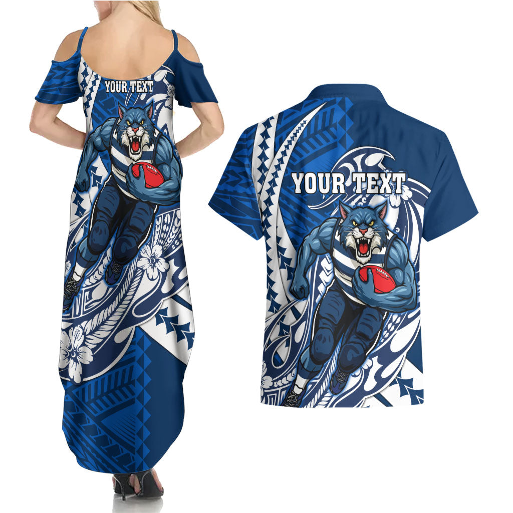 Personalized Geelong Cats Couples Matching Summer Maxi Dress and Hawaiian Shirt Polynesian Tribal Cat Mascot With Hibiscus Floral Art