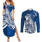 Personalized Geelong Cats Couples Matching Summer Maxi Dress and Long Sleeve Button Shirt Polynesian Tribal Cat Mascot With Hibiscus Floral Art