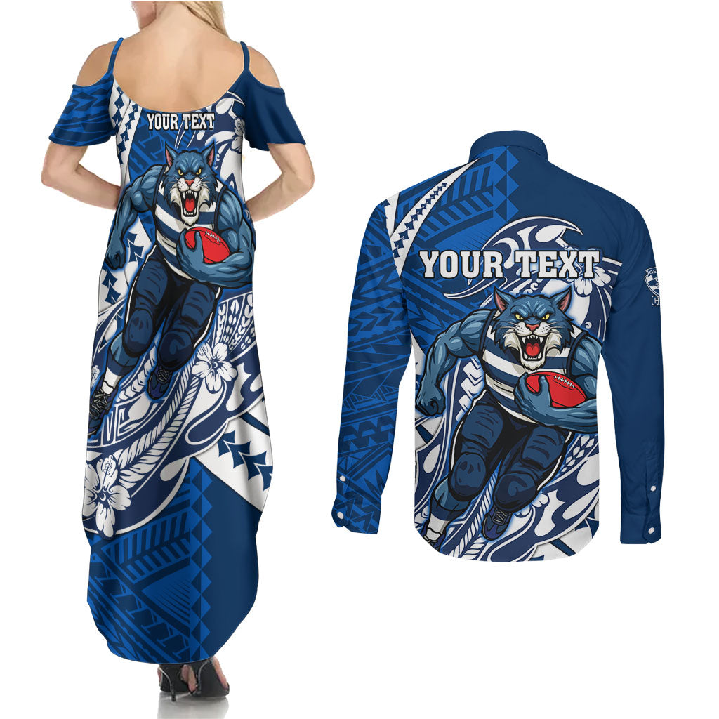 Personalized Geelong Cats Couples Matching Summer Maxi Dress and Long Sleeve Button Shirt Polynesian Tribal Cat Mascot With Hibiscus Floral Art