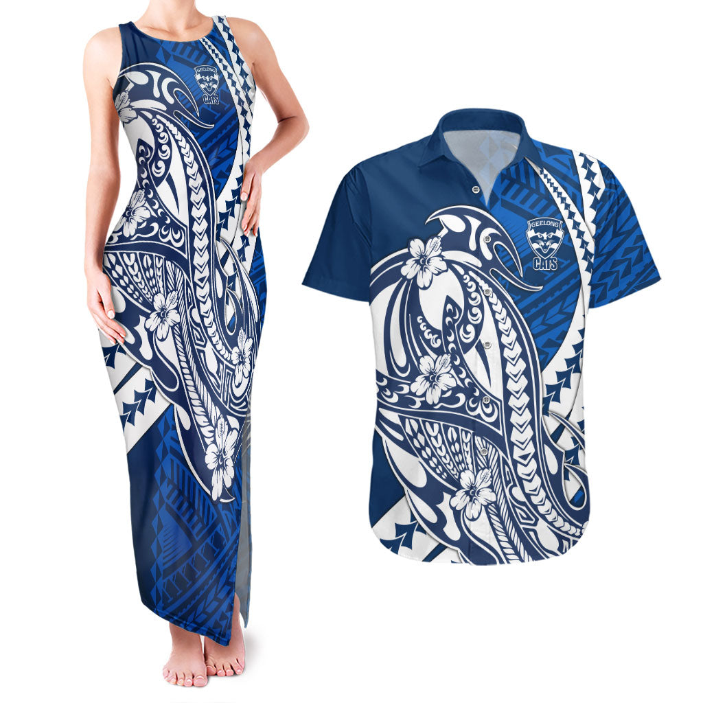 Personalized Geelong Cats Couples Matching Tank Maxi Dress and Hawaiian Shirt Polynesian Tribal Cat Mascot With Hibiscus Floral Art
