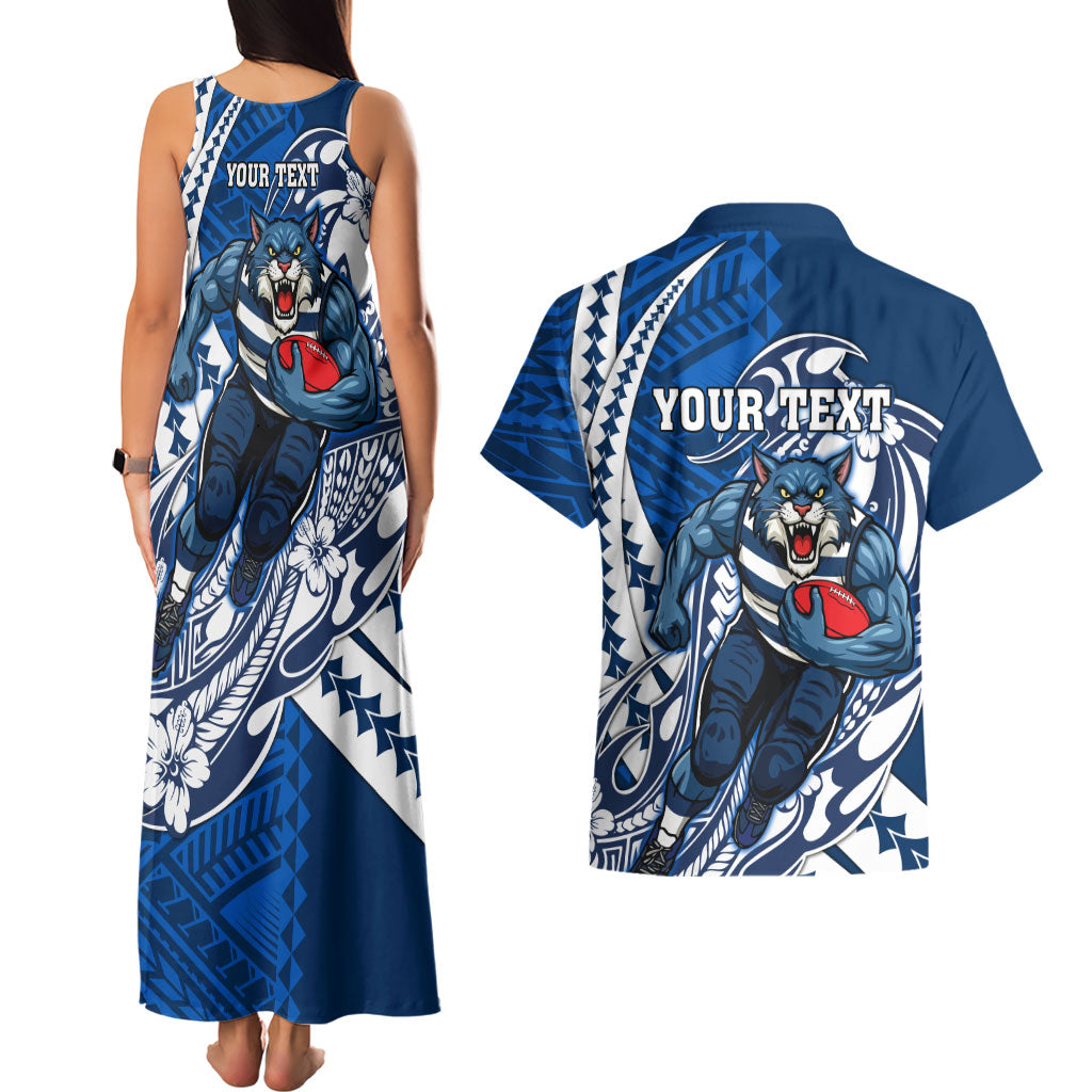 Personalized Geelong Cats Couples Matching Tank Maxi Dress and Hawaiian Shirt Polynesian Tribal Cat Mascot With Hibiscus Floral Art