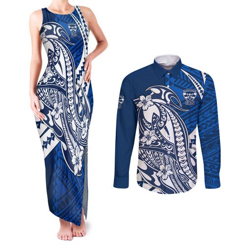 Personalized Geelong Cats Couples Matching Tank Maxi Dress and Long Sleeve Button Shirt Polynesian Tribal Cat Mascot With Hibiscus Floral Art