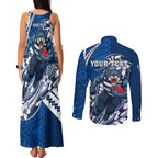 Personalized Geelong Cats Couples Matching Tank Maxi Dress and Long Sleeve Button Shirt Polynesian Tribal Cat Mascot With Hibiscus Floral Art