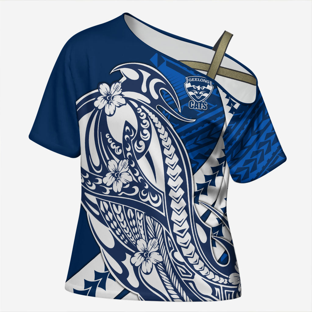 Personalized Geelong Cats Cross Shoulder Shirt Polynesian Tribal Cat Mascot With Hibiscus Floral Art
