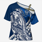 Personalized Geelong Cats Cross Shoulder Shirt Polynesian Tribal Cat Mascot With Hibiscus Floral Art