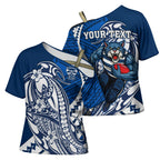 Personalized Geelong Cats Cross Shoulder Shirt Polynesian Tribal Cat Mascot With Hibiscus Floral Art