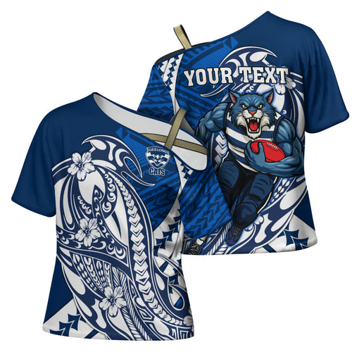 Personalized Geelong Cats Cross Shoulder Shirt Polynesian Tribal Cat Mascot With Hibiscus Floral Art