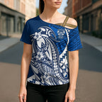 Personalized Geelong Cats Cross Shoulder Shirt Polynesian Tribal Cat Mascot With Hibiscus Floral Art