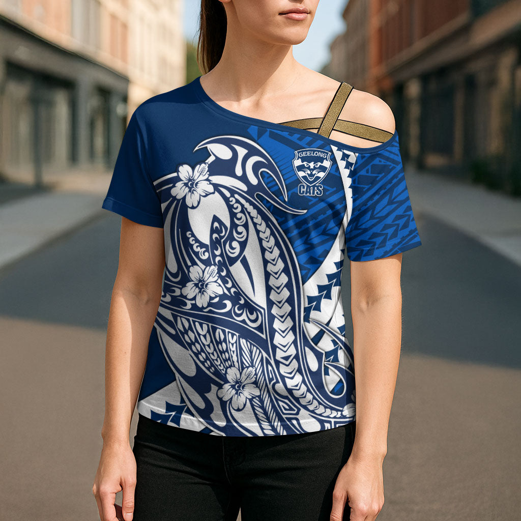 Personalized Geelong Cats Cross Shoulder Shirt Polynesian Tribal Cat Mascot With Hibiscus Floral Art