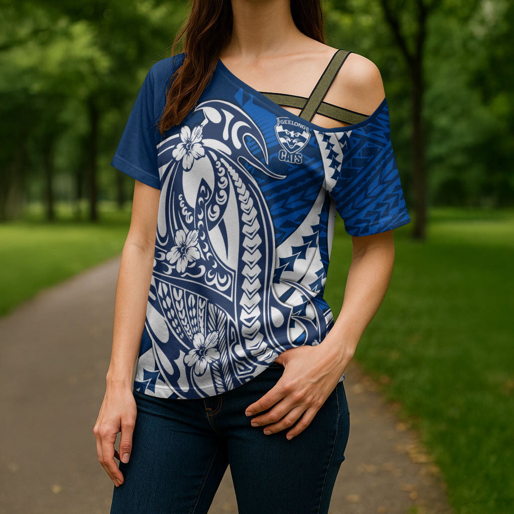 Personalized Geelong Cats Cross Shoulder Shirt Polynesian Tribal Cat Mascot With Hibiscus Floral Art