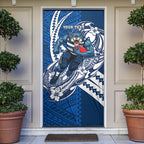 Personalized Geelong Cats Door Cover Polynesian Tribal Cat Mascot With Hibiscus Floral Art