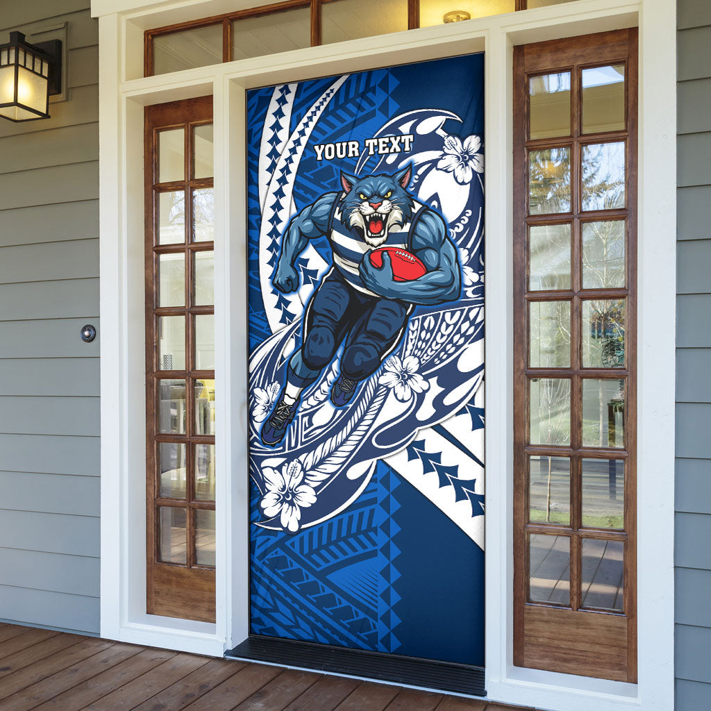 Personalized Geelong Cats Door Cover Polynesian Tribal Cat Mascot With Hibiscus Floral Art