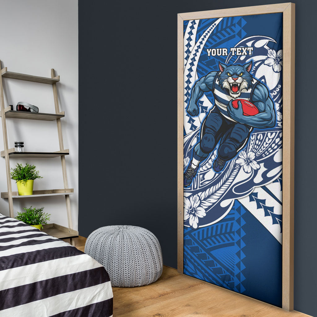 Personalized Geelong Cats Door Cover Polynesian Tribal Cat Mascot With Hibiscus Floral Art