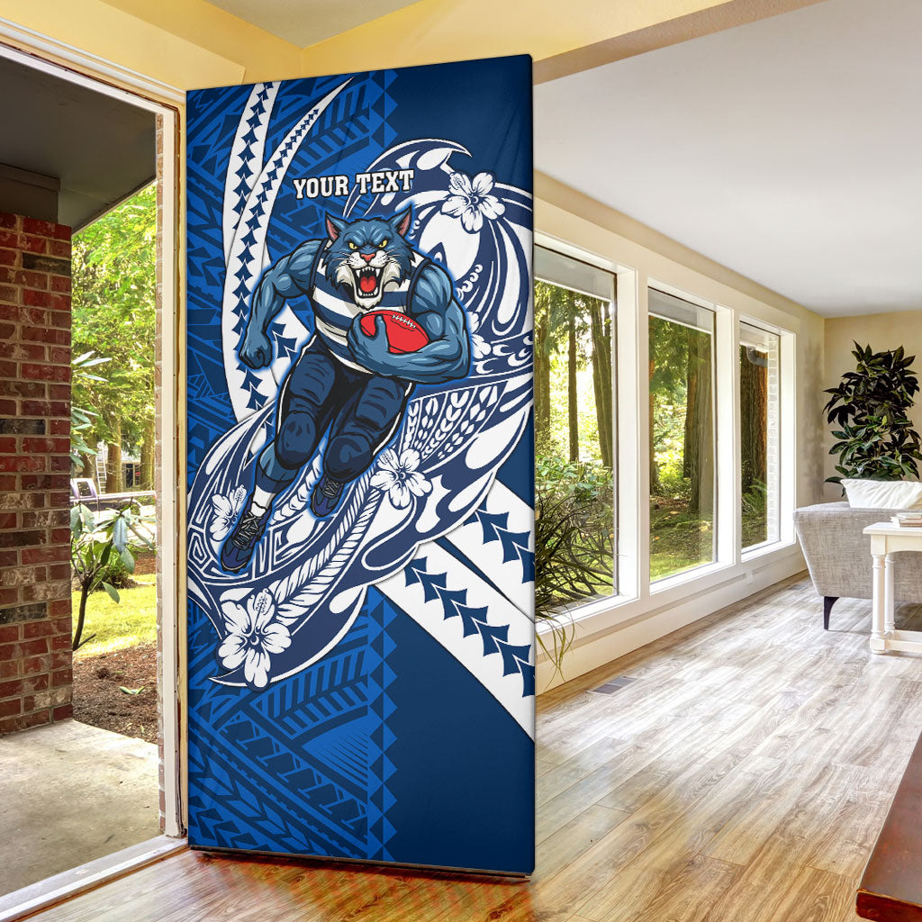 Personalized Geelong Cats Door Cover Polynesian Tribal Cat Mascot With Hibiscus Floral Art