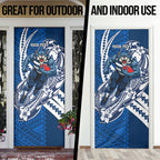 Personalized Geelong Cats Door Cover Polynesian Tribal Cat Mascot With Hibiscus Floral Art
