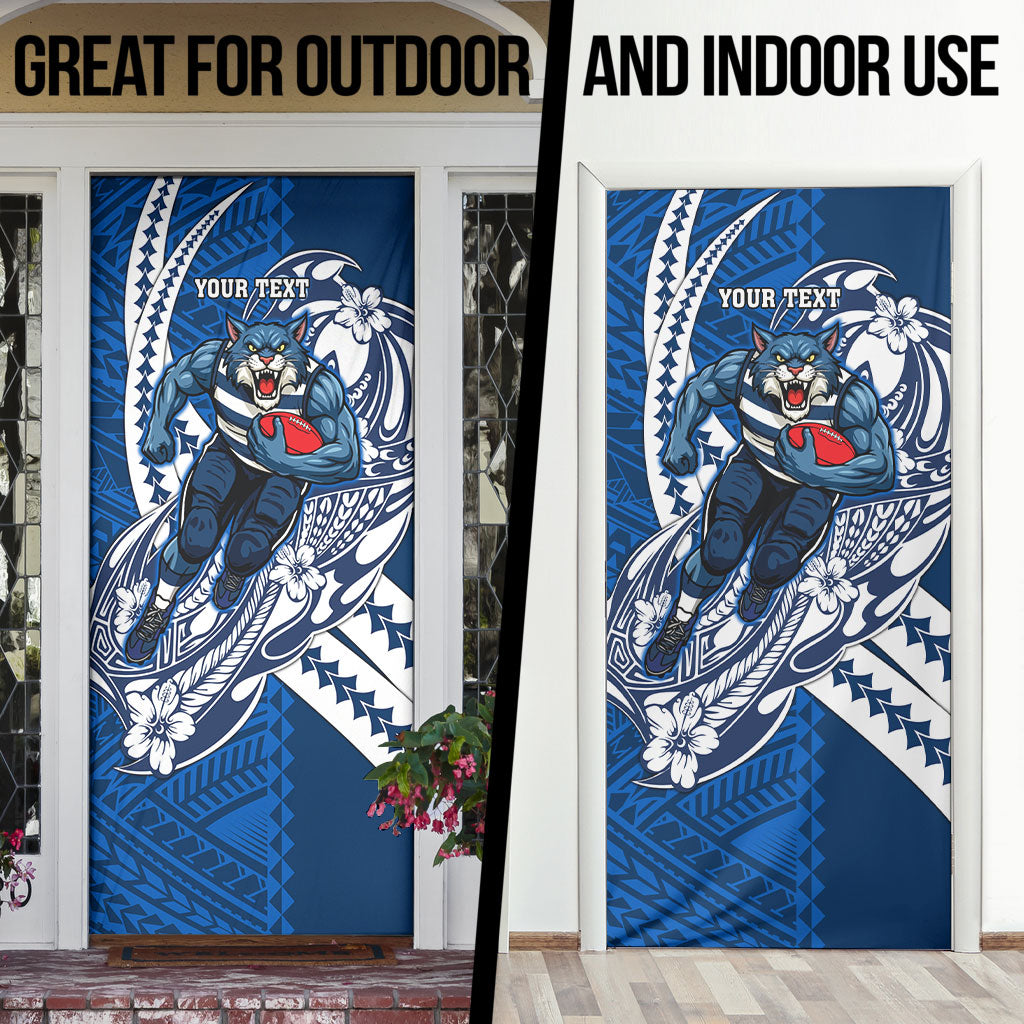 Personalized Geelong Cats Door Cover Polynesian Tribal Cat Mascot With Hibiscus Floral Art