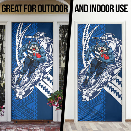 Personalized Geelong Cats Door Cover Polynesian Tribal Cat Mascot With Hibiscus Floral Art
