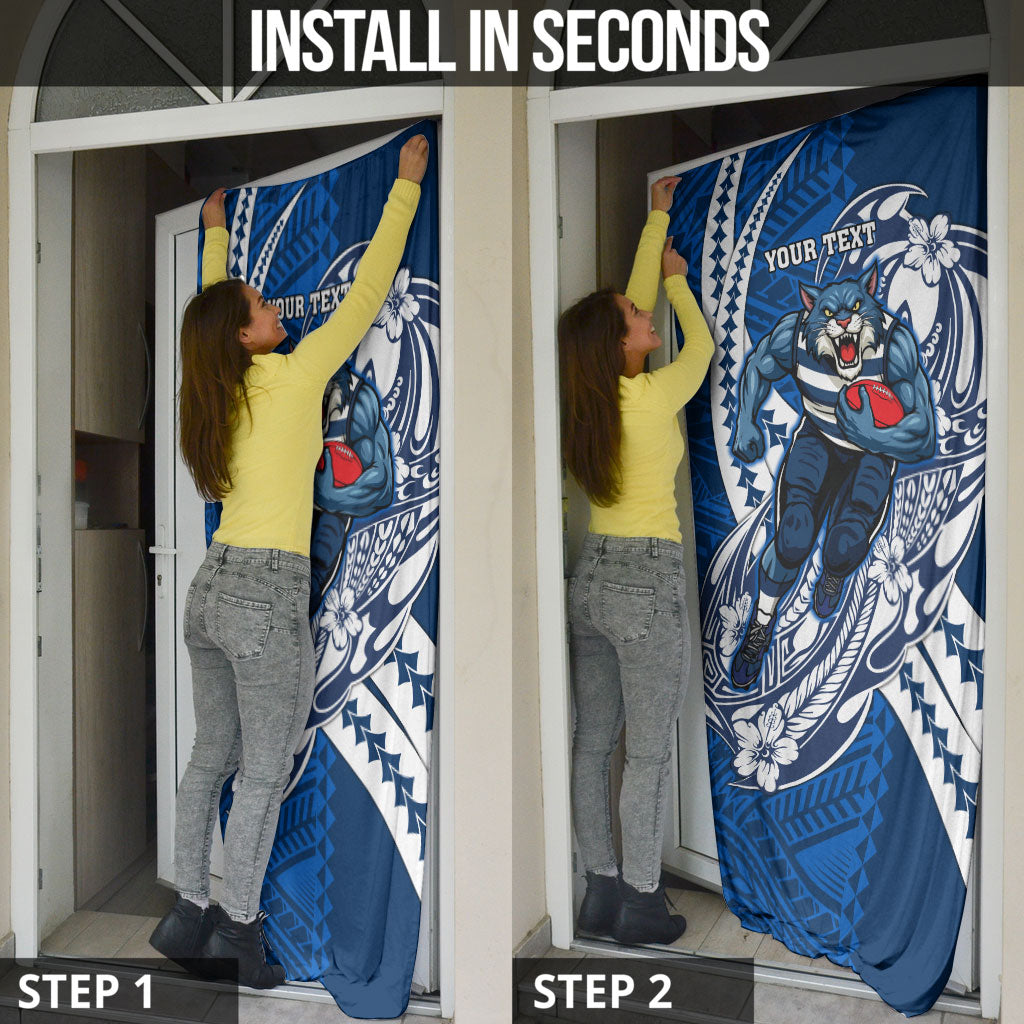 Personalized Geelong Cats Door Cover Polynesian Tribal Cat Mascot With Hibiscus Floral Art