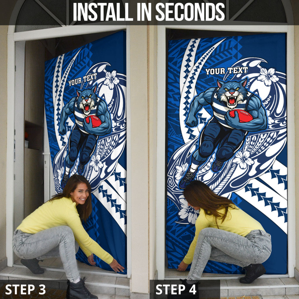 Personalized Geelong Cats Door Cover Polynesian Tribal Cat Mascot With Hibiscus Floral Art