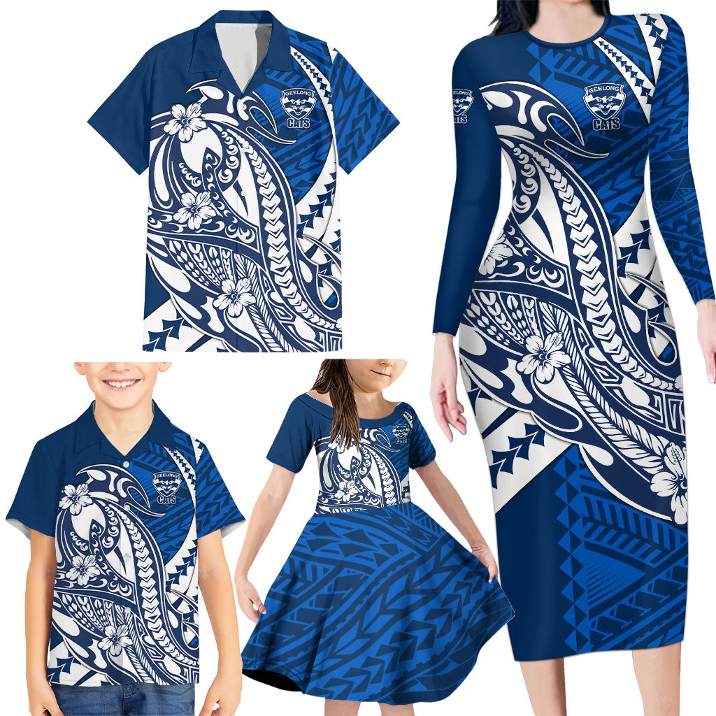 Personalized Geelong Cats Family Matching Long Sleeve Bodycon Dress and Hawaiian Shirt Polynesian Tribal Cat Mascot With Hibiscus Floral Art