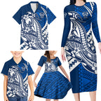 Personalized Geelong Cats Family Matching Long Sleeve Bodycon Dress and Hawaiian Shirt Polynesian Tribal Cat Mascot With Hibiscus Floral Art