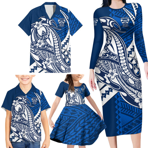 Personalized Geelong Cats Family Matching Long Sleeve Bodycon Dress and Hawaiian Shirt Polynesian Tribal Cat Mascot With Hibiscus Floral Art