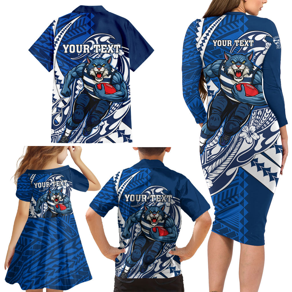 Personalized Geelong Cats Family Matching Long Sleeve Bodycon Dress and Hawaiian Shirt Polynesian Tribal Cat Mascot With Hibiscus Floral Art