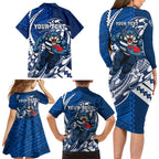 Personalized Geelong Cats Family Matching Long Sleeve Bodycon Dress and Hawaiian Shirt Polynesian Tribal Cat Mascot With Hibiscus Floral Art