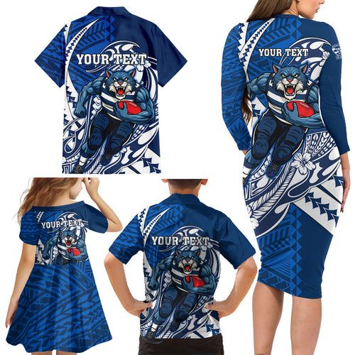 Personalized Geelong Cats Family Matching Long Sleeve Bodycon Dress and Hawaiian Shirt Polynesian Tribal Cat Mascot With Hibiscus Floral Art