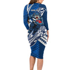 Personalized Geelong Cats Family Matching Long Sleeve Bodycon Dress and Hawaiian Shirt Polynesian Tribal Cat Mascot With Hibiscus Floral Art