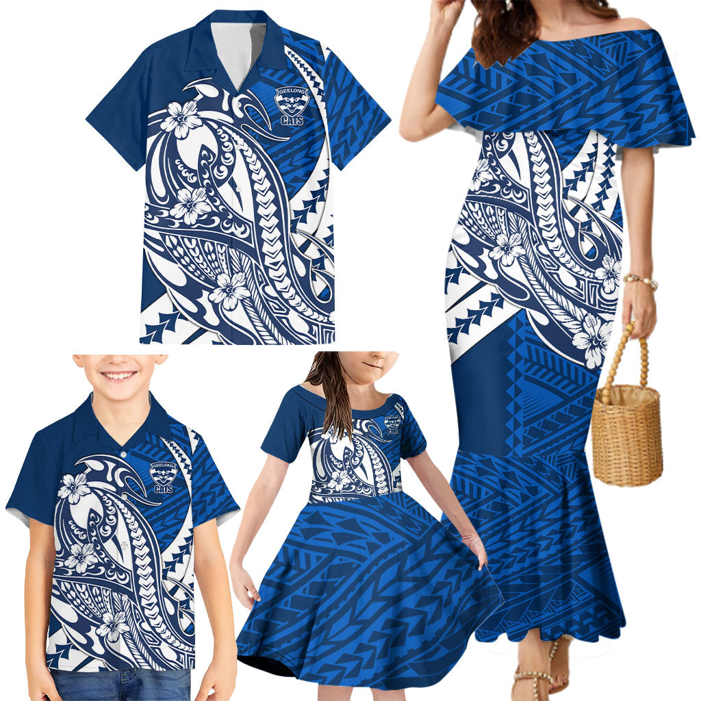 Personalized Geelong Cats Family Matching Mermaid Dress and Hawaiian Shirt Polynesian Tribal Cat Mascot With Hibiscus Floral Art
