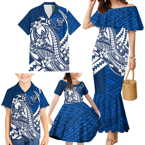 Personalized Geelong Cats Family Matching Mermaid Dress and Hawaiian Shirt Polynesian Tribal Cat Mascot With Hibiscus Floral Art