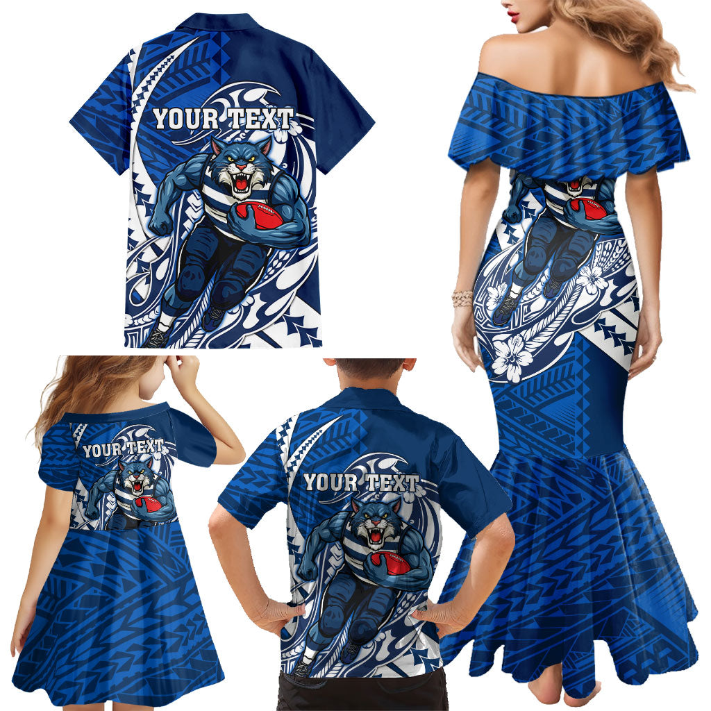 Personalized Geelong Cats Family Matching Mermaid Dress and Hawaiian Shirt Polynesian Tribal Cat Mascot With Hibiscus Floral Art