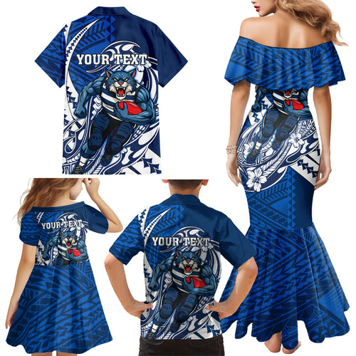 Personalized Geelong Cats Family Matching Mermaid Dress and Hawaiian Shirt Polynesian Tribal Cat Mascot With Hibiscus Floral Art