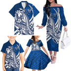 Personalized Geelong Cats Family Matching Off The Shoulder Long Sleeve Dress and Hawaiian Shirt Polynesian Tribal Cat Mascot With Hibiscus Floral Art