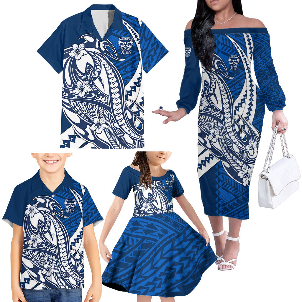Personalized Geelong Cats Family Matching Off The Shoulder Long Sleeve Dress and Hawaiian Shirt Polynesian Tribal Cat Mascot With Hibiscus Floral Art