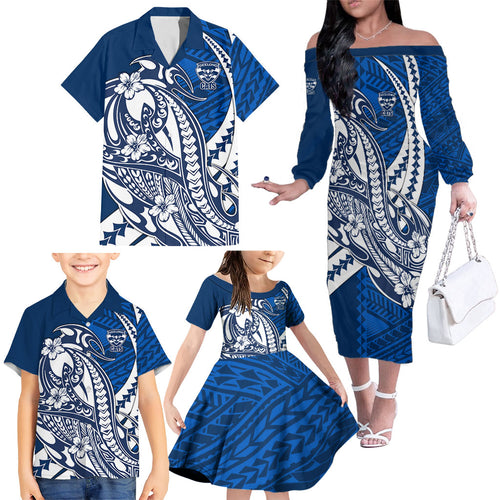Personalized Geelong Cats Family Matching Off The Shoulder Long Sleeve Dress and Hawaiian Shirt Polynesian Tribal Cat Mascot With Hibiscus Floral Art