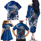 Personalized Geelong Cats Family Matching Off The Shoulder Long Sleeve Dress and Hawaiian Shirt Polynesian Tribal Cat Mascot With Hibiscus Floral Art
