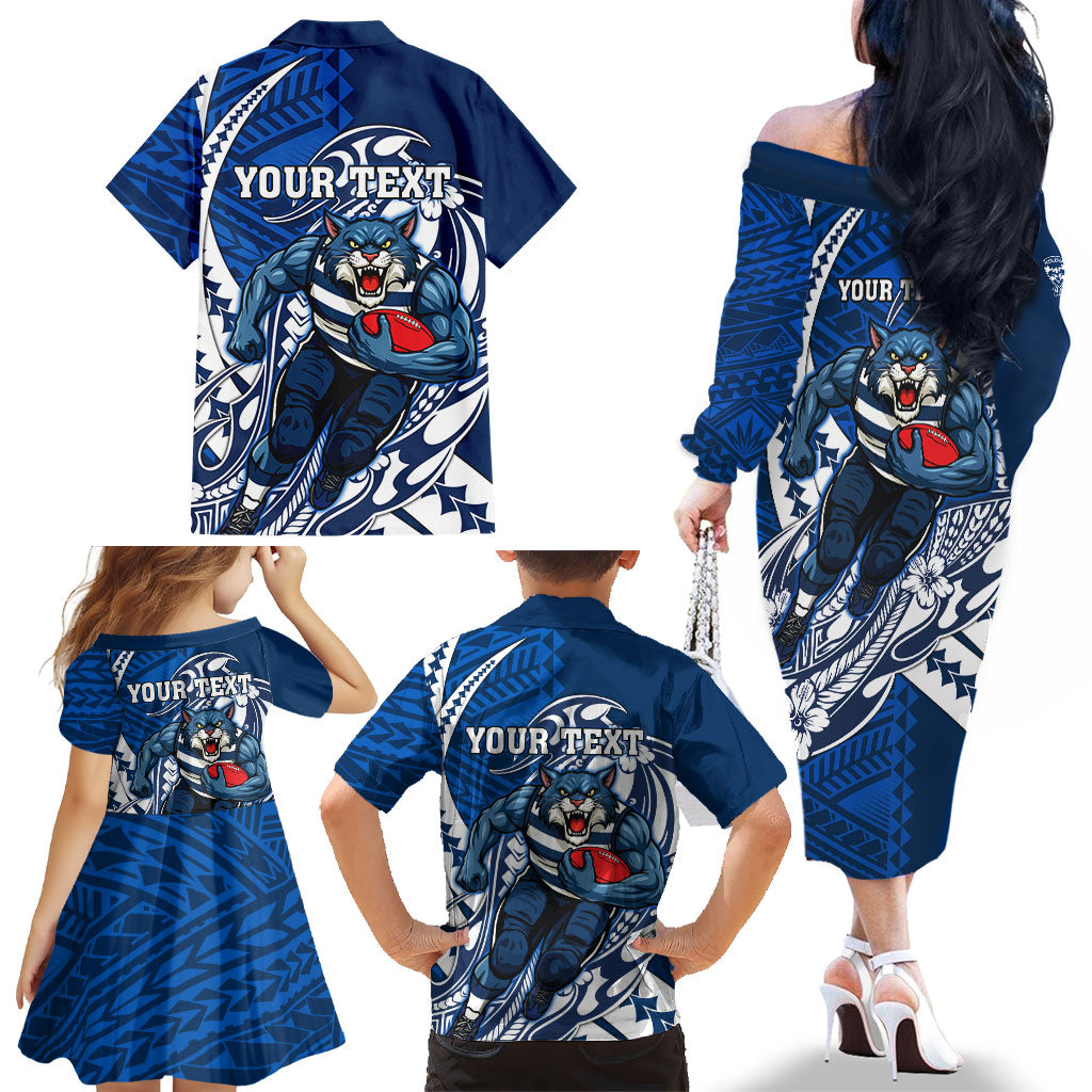Personalized Geelong Cats Family Matching Off The Shoulder Long Sleeve Dress and Hawaiian Shirt Polynesian Tribal Cat Mascot With Hibiscus Floral Art