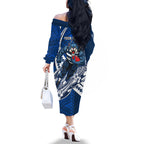 Personalized Geelong Cats Family Matching Off The Shoulder Long Sleeve Dress and Hawaiian Shirt Polynesian Tribal Cat Mascot With Hibiscus Floral Art